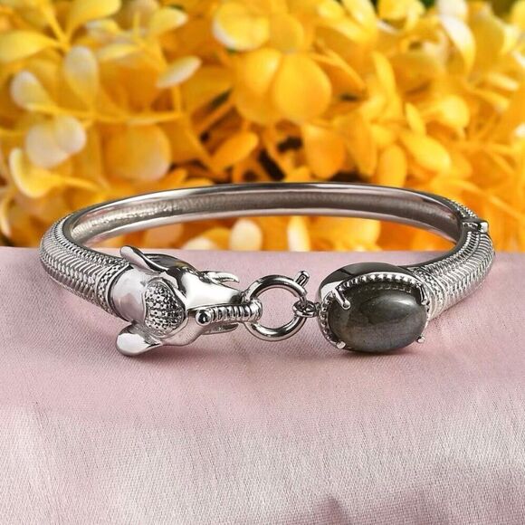 Malagasy Labradorite 7.10 ctw Silver Bangle Bracelet in Elephant Design 7.25 In - Picture 1 of 6